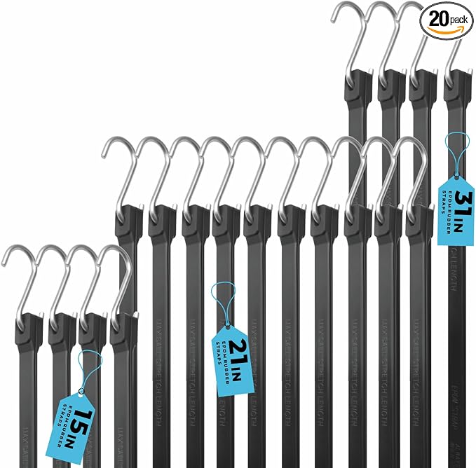 XSTRAP STANDARD 20 Pack Multiple Size Natural Rubber Tarp Bungee Straps Tie Down Cords with S Hooks Heavy Duty Ideal EPDM Bungee Cords for Outdoor, Tarp Covers, Canvas Canopies and Cargo