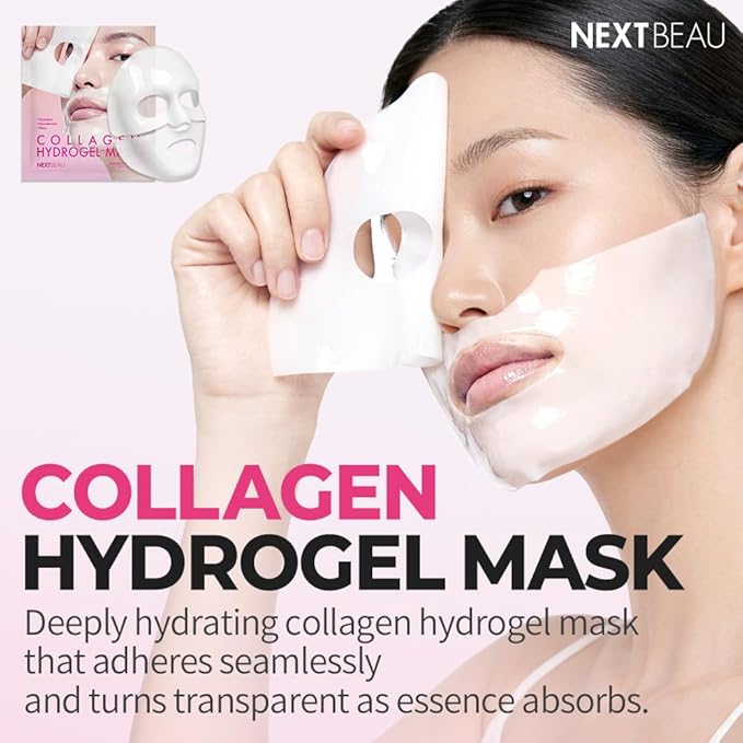 NEXTBEAU Collagen Hydrogel Face Mask with Hydrolyzed Collagen, Hyaluronic Acid, Niacinamide & Peptides for Deep Hydration and Smooth Skin (Pack of 4, 34g Each / 1.19oz)