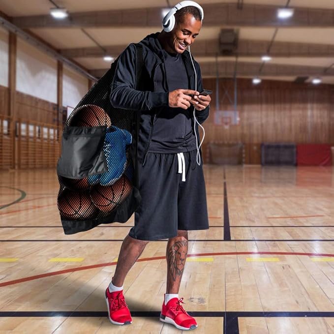 BROTOU Thickened Extra Large Sports Ball Bag Mesh Socce Ball Bag Heavy Duty Drawstring Bags Team Work for Holding Basketball, Volleyball, Baseball, Swimming Gear with Shoulder Strap