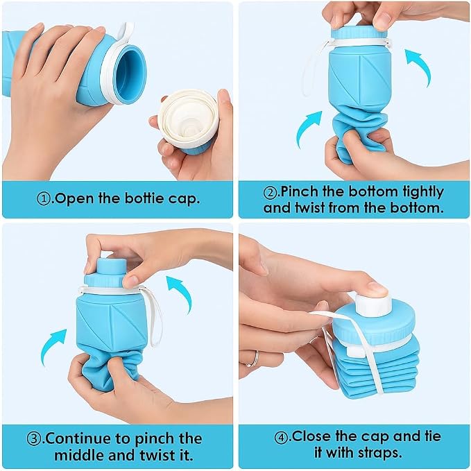 Folding Silicone Water Bottle | Collapsible Travel Water Bottle for Gym, Office, School, Cycling, Hiking & Outdoor Sports | Leak-Proof, Portable Bottle | 600 Ml (Blue)