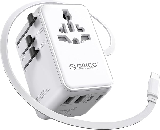 ORICO Universal Travel Adapter 70W GaN International Power Adapter with 2 AC, 3 USB-C and 2 USB-A Ports, Built-in Retractable USB-C Cable, European Travel Plug Adapter for Eu US UK AU & 200+ Countries