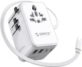 ORICO Universal Travel Adapter 70W GaN International Power Adapter with 2 AC, 3 USB-C and 2 USB-A Ports, Built-in Retractable USB-C Cable, European Travel Plug Adapter for Eu US UK AU & 200+ Countries