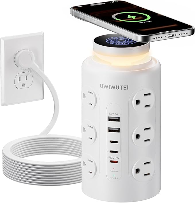Tower Power Strip Surge Protector with Wireless Charging & Night Light - PD20W Fast Charging Station,12 Outlets, 5 USB (3 USB-C),1800J Protection, 6FT Extension Cord, Home Office Essentials(White)