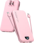 citicr Portable Charger 10000mAh PD20W w/Built-in Cables & Wall Plug Pink | Fast charging, Built-in wall plug, LED display, Charge 5 devices at once, Pass through charging, TSA approved, Pocket size