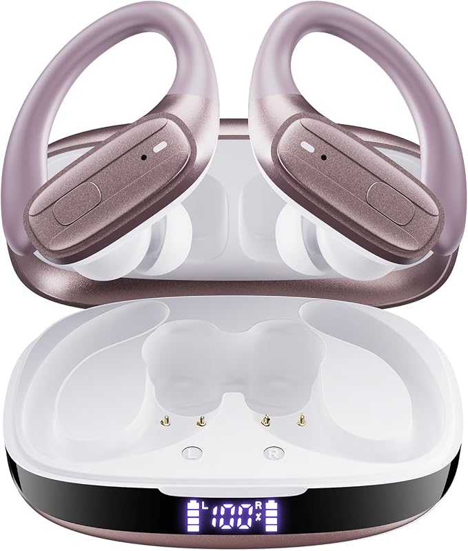 LEEMC Wireless Earbuds, Bluetooth Headphones 5.4, 80Hr Playtime Ear Buds with Hooks for Sports, Noise Canceling, LED Display, IPX7 Waterproof Earphones for Workout Running, Rosegold