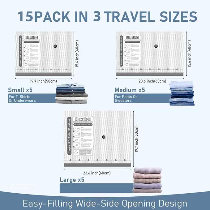 Travel Vacuum Storage Bags with Rechargeable Cordless Pump, 15 Pack 3 Sizes Compression Packing Bag Set for Luggage, Thickened Vacuum Seal Bags for Clothing, Triple-Zipper Sealer Upgrade