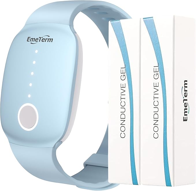 EmeTerm Fashion Anti-Nausea Wristband Relieve Morning Motion Travel Sickness Rechargeable Drug Free Bands without Side Effects - Extra 2pack Conductive Gel (Blue - Extra 2pack Conductive Gel)
