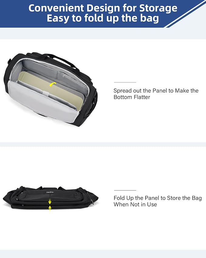 HanTrip Carry on Duffel Bag Foldable Duffle Bags for Travel, Large Personal Item Bags for Airplanes, Weekender Overnight Mens Travel Tote Bag for Women Softside Carry on Luggage (Black)