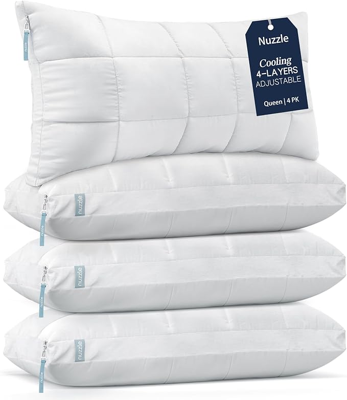 Nuzzle Cooling Adjustable Pillow for Side Sleepers,Queen Size Bed Pillow 4 Pack – Hotel Luxury Neck Support, Height Adjust Soft Sleeping Pillow for Back, Stomach or Side Sleepers-Home Gift