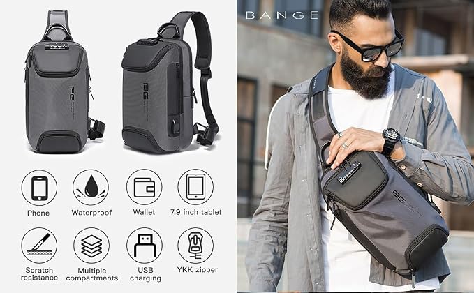 BANGE Anti Theft Sling Bag with USB Charging Port, Waterproof Crossbody Chest Pack, Lightweight Travel Daypack Shoulder Bag for Men Women