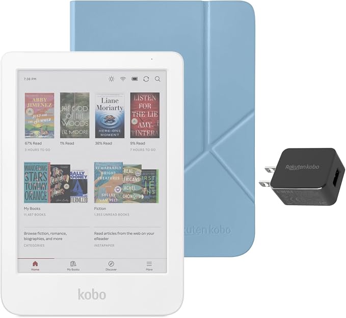 Kobo Clara Colour eReader (White) with Case Bundle (Dusk Blue SleepCover, Case + AC Bundle)