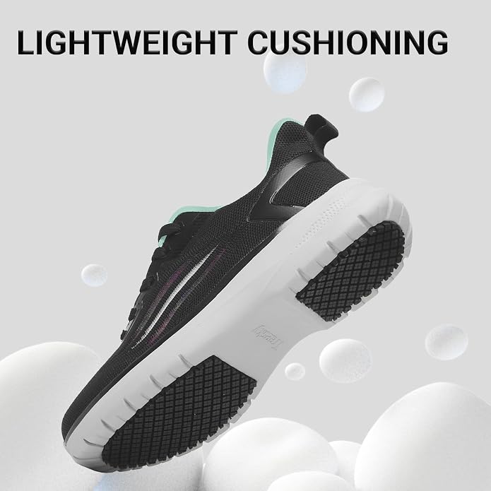 Treesky Black Non Slip Work Shoes for Women, Restaurant & Kitchen Sneakers | Slip resistant soles, lightweight cushioning, breathable knit, removable insole, for nursing, food service & long shifts