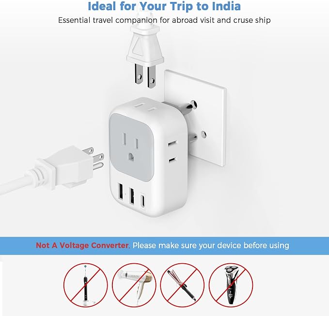 TESSAN India Plug Adapter 2 Pack, Type D Travel Adapter with 4 Outlets 3 USB Charger (1 USB C Port), US to Indian Outlet Adaptor for USA to Bangladesh, India, Kuwait, Maldives