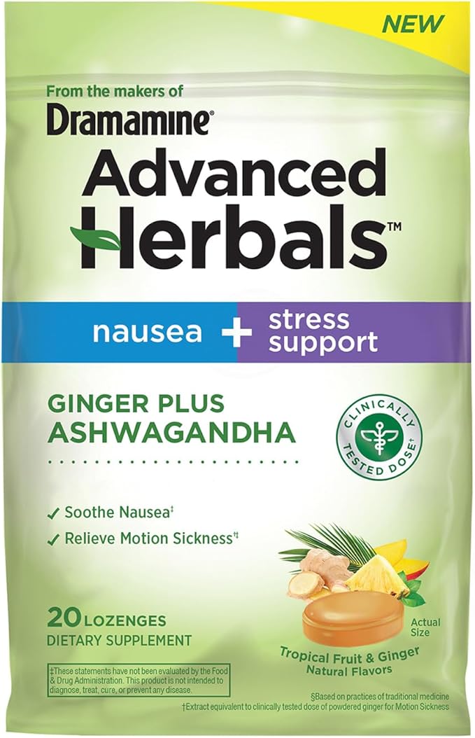 From the Makers of Dramamine, Advanced Herbals Ginger & Ashwagandha Lozenges, for Nausea Relief & Stress Support, Tropical Fruit and Ginger Flavor, 20 Count