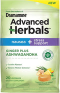 From the Makers of Dramamine, Advanced Herbals Ginger & Ashwagandha Lozenges, for Nausea Relief & Stress Support, Tropical Fruit and Ginger Flavor, 20 Count