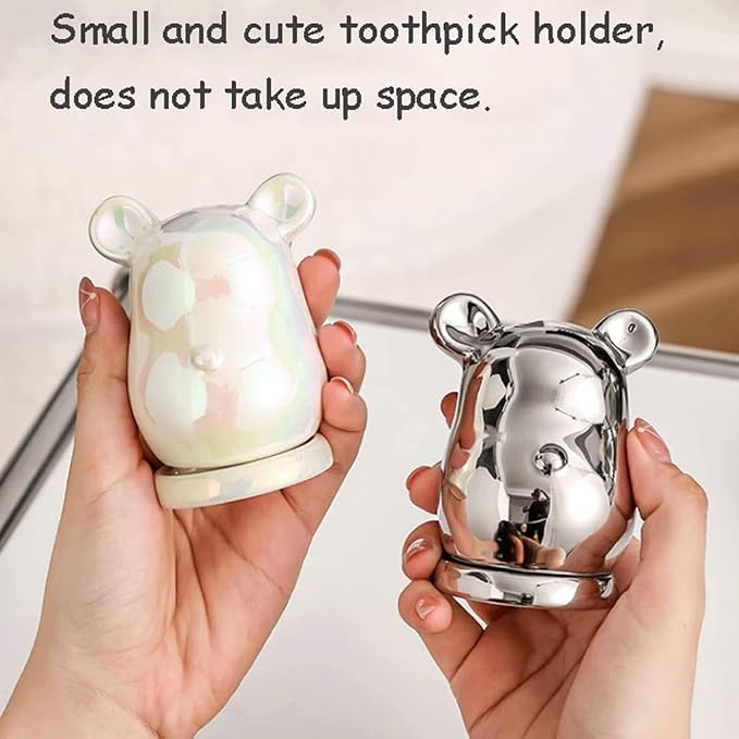 Fashion Creative Toothpick Holder Ceramic Desktop Bear Toothpick Dispenser Cotton Swab Stick Toothpick Organizer Reusable Chic (Silver)