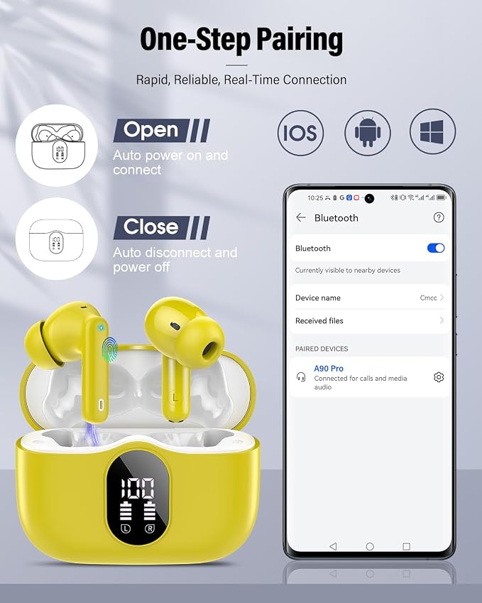 Wireless Earbuds, Bluetooth 5.4 Headphones Bass Stereo, Ear Buds with Noise Cancelling Mic, LED Display in Ear Earphones Clear Calls, IP7 Waterproof Bluetooth Earbuds for Laptop/Phones/Sports, Yellow