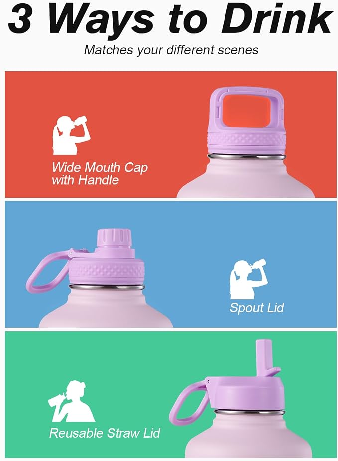 Coolflask Half Gallon Water Bottle Insulated with Straw & 3 Lids, 64 oz Water Jug Large Metal Stainless Steel Wide Mouth for Sports, Gym or Office, Non-BPA Keep Cold 48H Hot 24H, Pink
