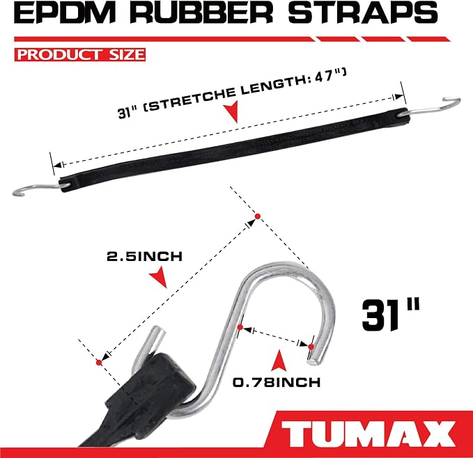 31" Heavy Duty Bungee Cords with Hooks, 100% EPDM Rubber Tarp Straps for Tarps, Cargo, Motorcycle, Securing Truck Tarps, Canopy, Camping Gear- 30PCS