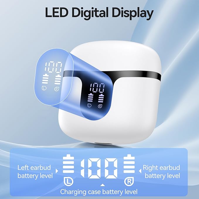 Wireless Earbuds, Bluetooth 5.4 Headphones HiFi Stereo with 4 HD Mic, 50H Playtime Bluetooth Earbuds with Dual LED Display, IPX7 Waterproof Wireless Earphones, Touch Control Ear Buds,USB-C,White