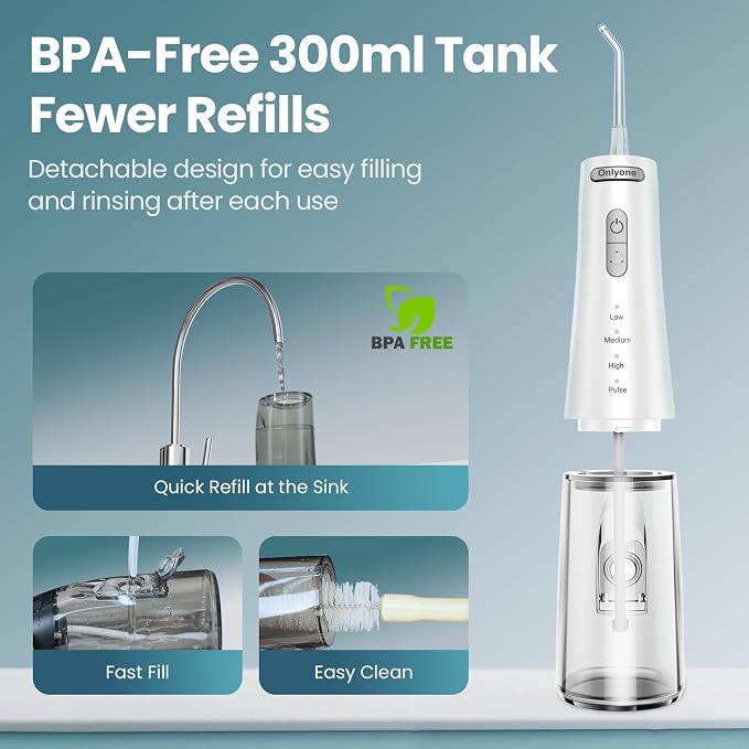Onlyone Water Flosser — Cordless Dental Water Jet with 4 Pressure Modes, 1500-2000 Pulses/Min, 300ML Tank, IPX7 Waterproof, Rechargeable Portable Oral Irrigator for Braces, Sensitive Gums & Travel