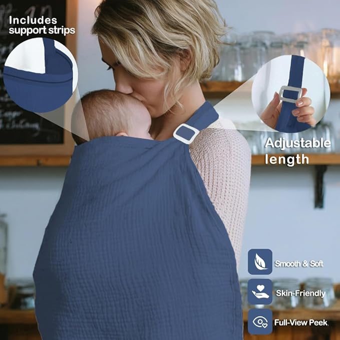 Muslin Nursing Covers for Breastfeeding, Arch Neckline Breast Feeding Covers for Women, Moms Privacy Breathable Summer Nursing Apron, Enlarged XL Size Soft Feeding Cover (Navy Blue)