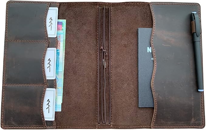 newestor Travelers Notebook Cover with Inner Pockets, Card Slots and Pen Holder, A5 Size, Dark Brown