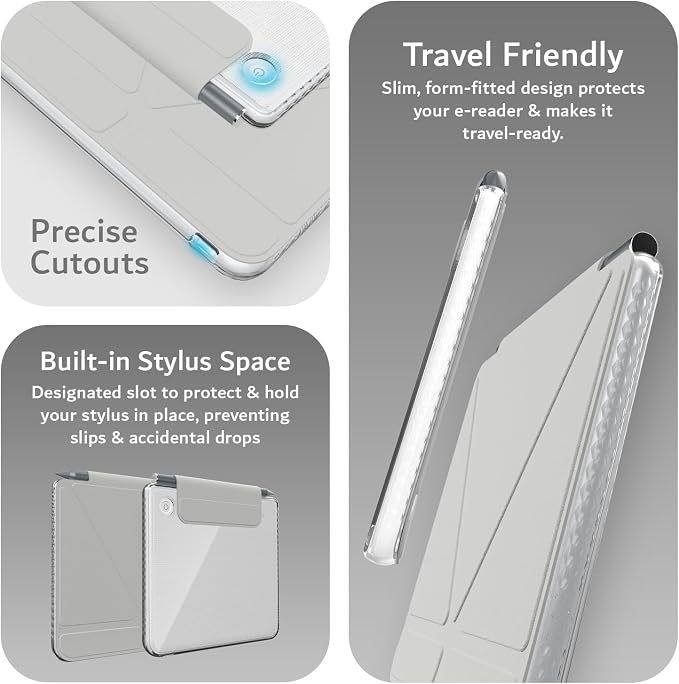 TUDIA M-FLIP Detachable Clear Magnetic Case for Kobo Libra Colour (2024) - [Auto Wake/Sleep] Shockproof Slim Transparent Back Magnetic Fold Cover with Stylus Holder (Grey)