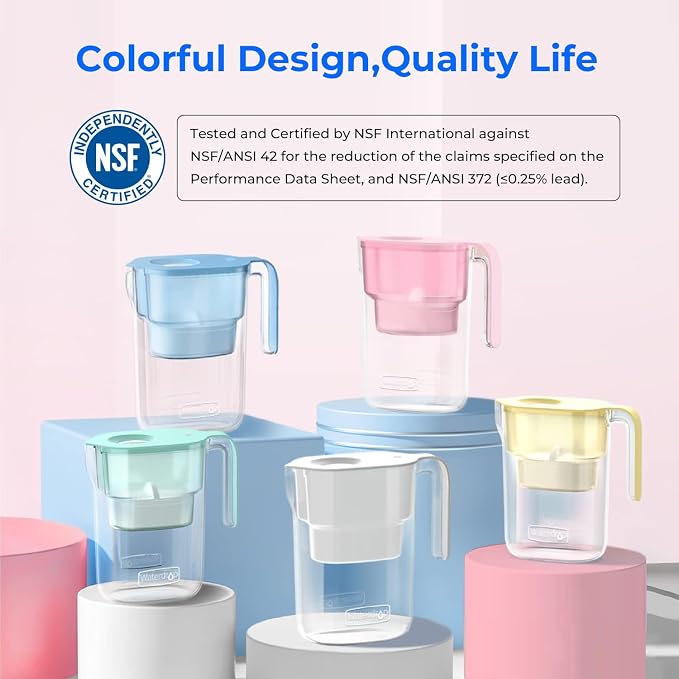 Waterdrop PT-05P Water Filter Pitcher, 7-Cup Capacity, NSF Certified, 5X Longer Filter Life, Up to 200 Gallons, for Fridge, Countertop, and Gift Giving, Reduces PFOA/PFOS, Chlorine, Pink