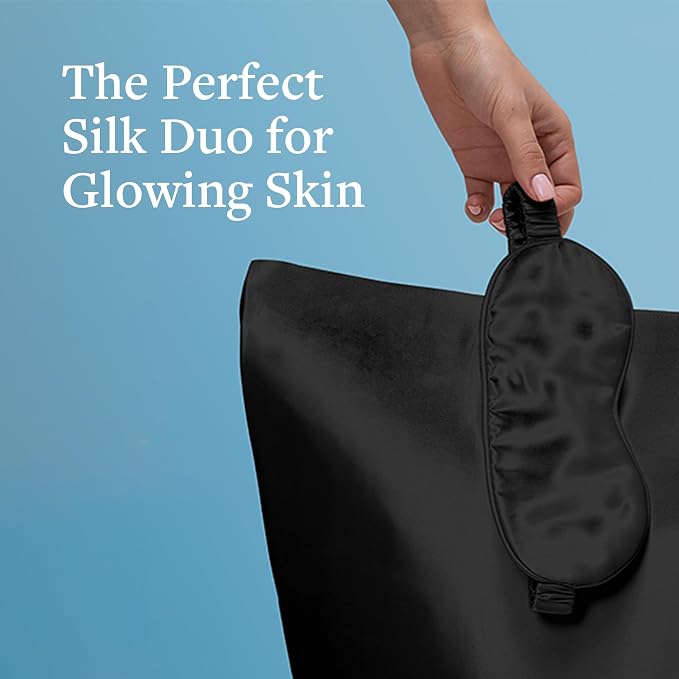 Silk Sleep Essentials Set in Black: Pillowcase and Eye Mask, 25" x 19.5" Fits Standard Queen Pillow, 22mm 6A Grade, for Gentle Sleep, Anti-Breakage, Tangles, Creases and Wrinkles, By Silver Mirror