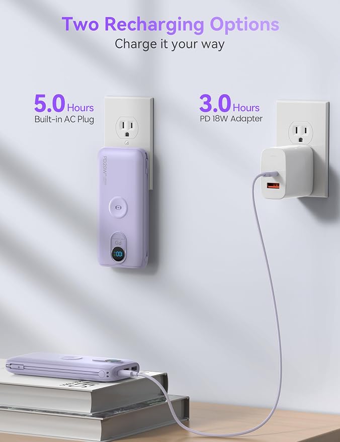 Portable Charger, 10000mAh 20W Fast Charging Power Bank with Built in Cables & AC Wall Plug & LED Display, Travel Essentials Battery Pack Powerbank for iPhone, iPad, iWatch, Samsung, Purple