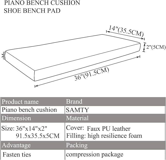 SAMTY Waterproof Faux PU Leather Piano Bench Cushions with Ties for Wooden Storage Shoe Bench Pad 36x14inch, Red