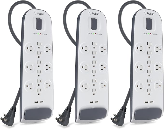 Belkin 12-Outlet USB Power Strip Surge Protector, Flat Plug, 6ft Cord (3,996 Joules), White - Pack of 3