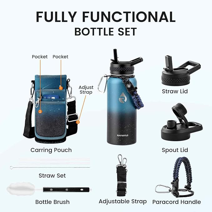 RAYMYLO Insulated Water Bottle 32 oz, Triple Wall Vacuum Stainless Steel (Cold for 24Hrs, Hot for 12Hrs), Leak Proof & Non-BPA, Modern Water Flask Jug with Paracord Handle & Straw Spout Lids