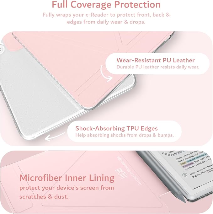 TUDIA M-FLIP Detachable Clear Magnetic Case for Kobo Libra Colour (2024) - [Auto Wake/Sleep] Shockproof Slim Transparent Back Magnetic Fold Cover with Stylus Holder (Pink)