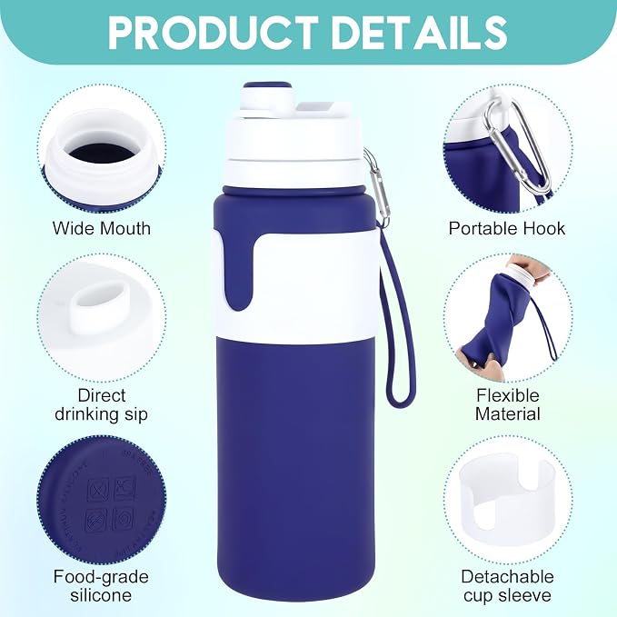 LemonRoad 2 Pcs 26 oz Silicone Collapsible Water Bottle, Portable Foldable Water Bottle Leakproof with Carabiner Reuseable Lightweight for Travel Sports Hiking Camping Cycling Office (Blue,Green)