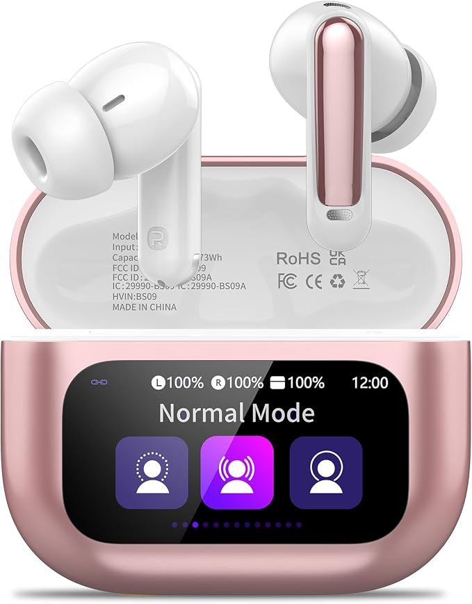Thunelec Wireless Earbuds with Touch Screen, 2026 New Bluetooth 5.4 Headphones with ANC/ENC Mic, 50H HiFi Stereo Ear Buds with 5 EQ Modes, Transparency Mode, IPX7 Earphones for Running, Rose Glod