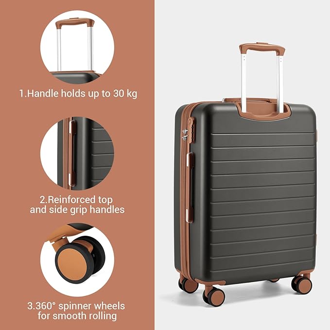 Kono 24 Inch Check In Suitcase Expandable Luggage, Business Travel Suitcase for 5-7 Days, Durable ABS+PC Hardshell with Side Handles & Kick Plates, Double Spinner Silent Wheels, Grey/Brown