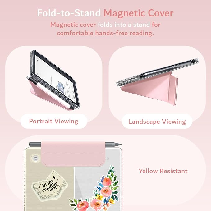 TUDIA M-FLIP Detachable Clear Magnetic Case for Kobo Libra Colour (2024) - [Auto Wake/Sleep] Shockproof Slim Transparent Back Magnetic Fold Cover with Stylus Holder (Pink)