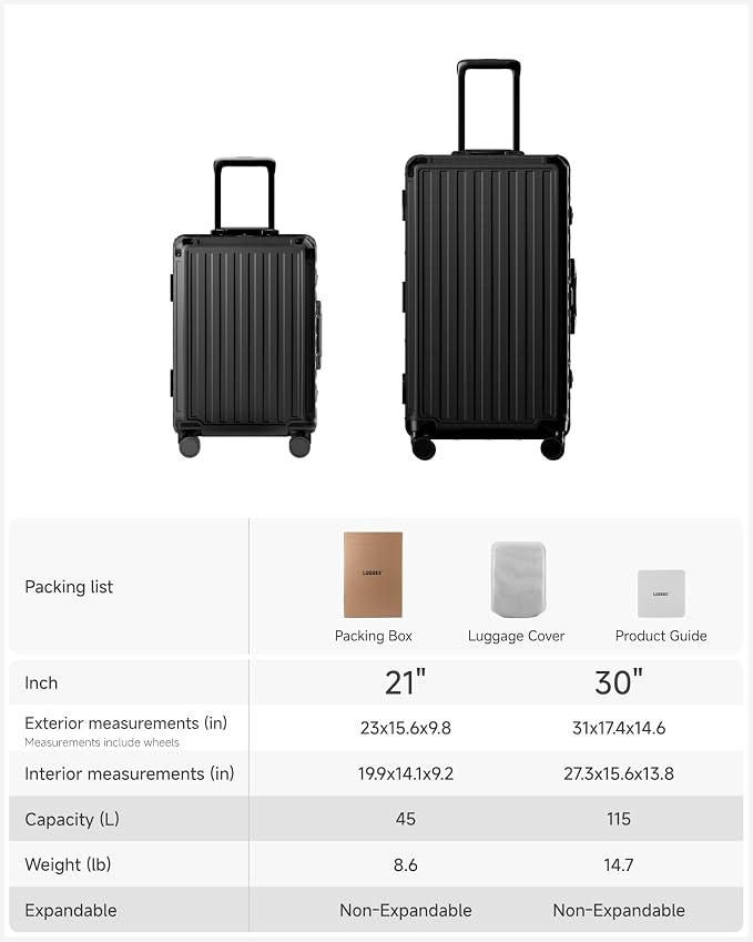 LUGGEX Luggage Sets with Spinner Wheels, 8010S Aluminum Frame Zipperless Polycarbonate Hard Shell Suitcase Sets (ZX-Core, Black, 2 Piece (21/30))