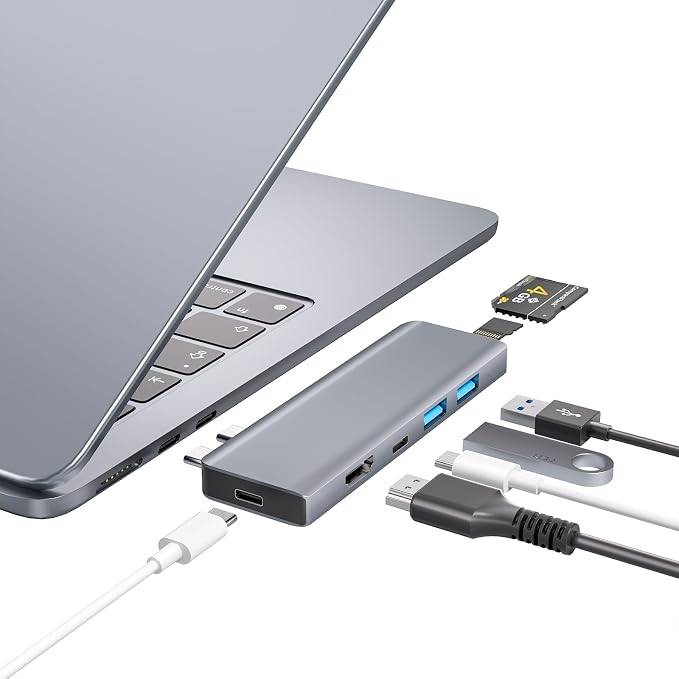 USB C Hub, USB C Adapter, 7 in 2 USB-C Hub for MacBook with Thunderbolt 4, 4K HDMI, Type C, 2 USB A, SD/TF Card Reader, Compatible with MacBook Pro 2016-2024, MacBook Air 2018-2025