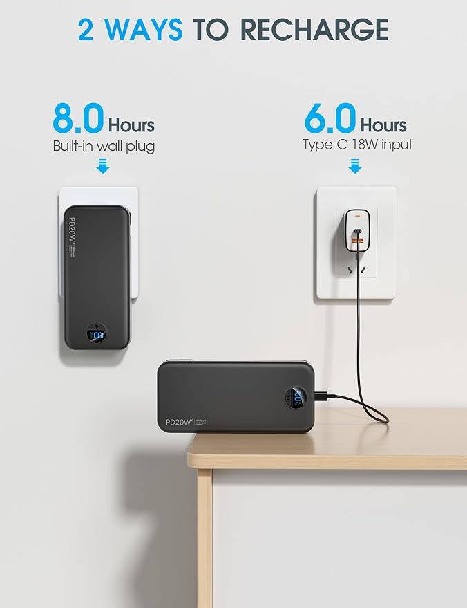 citicr Portable Charger 20000mAh PD20W w/Built-in Cables & Wall Plug Black | High capacity, Fast charging, Built-in wall plug, LED display, Charge 5 devices at once, Pass through charging, TSA approved