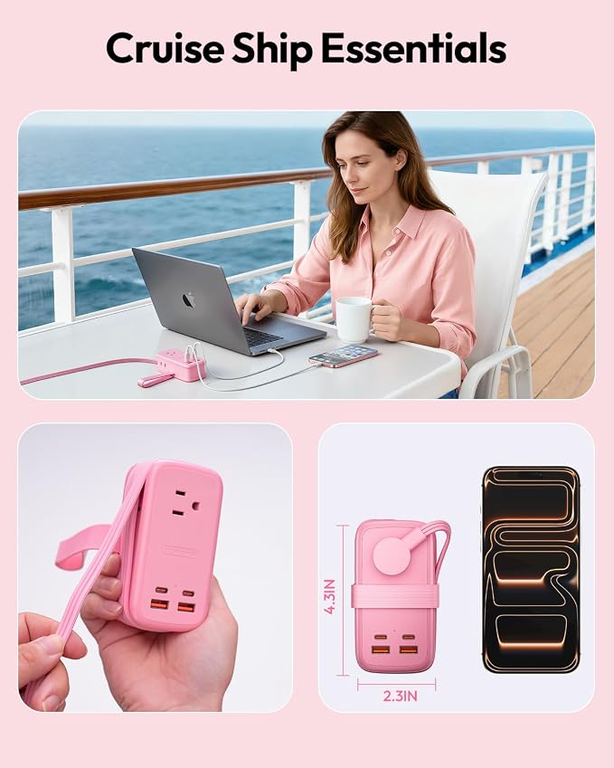 NTONPOWER GAN Ultra 65W Pink Fast Charging Station, Travel Power Strip with 3 Outlets 4 USB (2 USB C), Pink Extension Cord 4Ft, Kawaii Cute Accessories Compatible with MacBook, iPhone