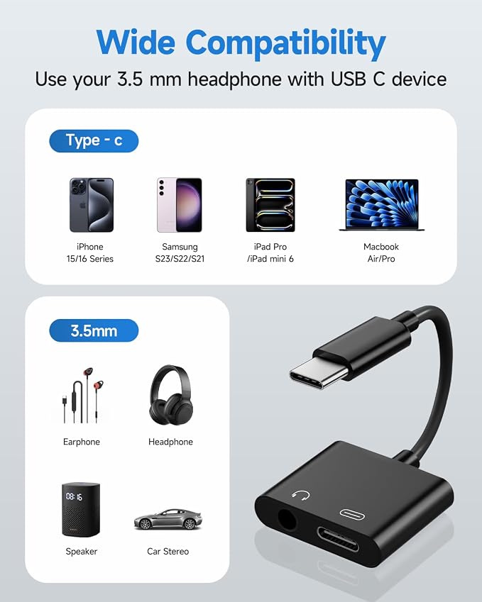 USB C to 3.5mm Headphone and Charger Adapter, 2-Pack Type C to Aux Jack Dongle Cable Cord with PD Fast Charging for iPhone 15/16/17 Pro/Max/Plus, iPad, Samsung Galaxy S23/S24 Ultra （Black）
