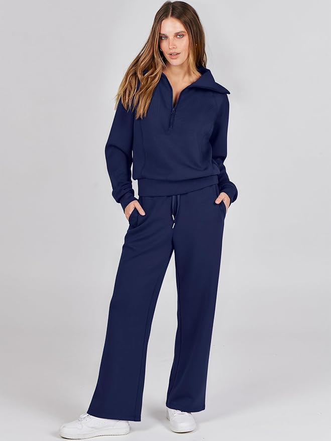 ANRABESS Women’s 2 Piece Outfits Half Zip Sweatshirt & Wide Leg Pants Airport Travel Lounge Matching Sets Sweatsuits Clothing