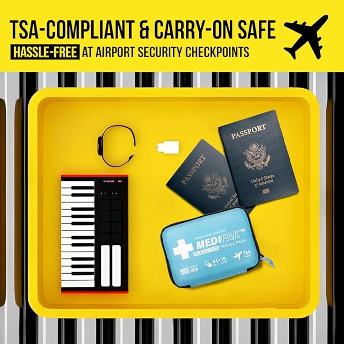 EVERLIT CARE Travel Essential Medicine First Aid Kit I Bonus Medical Supplies I TSA Compliant Mini Size Medkit for Traveling Camping Trips Individually Packed 64 Tablets (Orange)