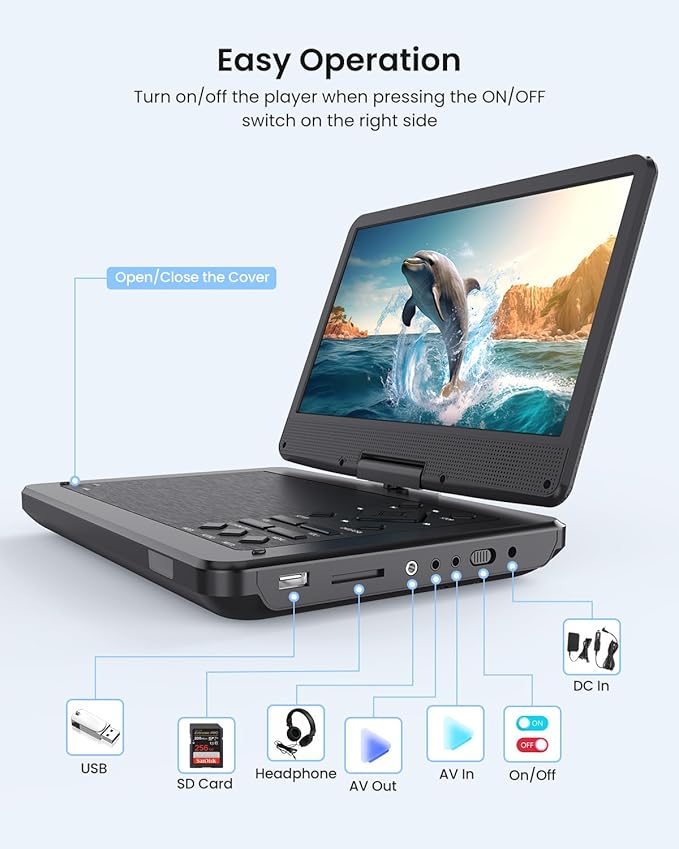 12.5" Portable DVD Player with10.1 HD IPS Screen for Kids,Car DVD Player with Headrest Mount, 360° RF Remote Control, 2 Earphone Jacks, 5h Battery, Support CD/DVD/SD Card/USB，Region Free [Black]