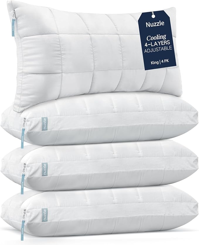 Nuzzle Cooling Adjustable Pillow for Side Sleepers,King Size Bed Pillow 4 Pack – Hotel Luxury Neck Support, Height Adjust Soft Sleeping Pillow for Back, Stomach or Side Sleepers-Home Gift