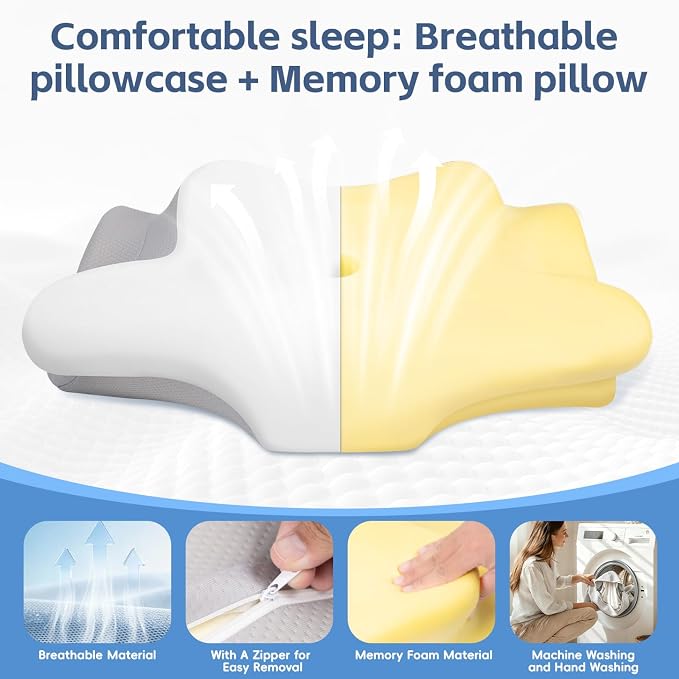Cervical Neck Pillow, Memory Foam Pillows for Neck and Shoulder Pain Relief, 2 Heights Ergonomic Pillow with Breathable Ice Silk Cover, Neck Support Pillow for Side Sleepers White