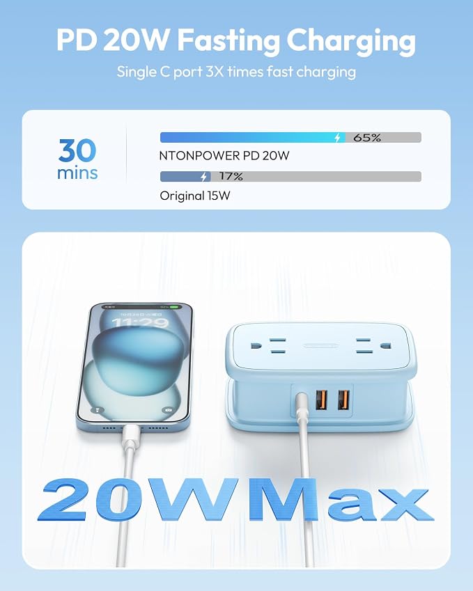 NTONPOWER Blue Travel Power Strip 20W, Travel Essentials 4 Outlets 3 USB(1 USB-C) with 4FT Wrapped Extension Cord Flat Plug, Vacation Essentials for Hotel Travel Camping Cruise Essentials 2026